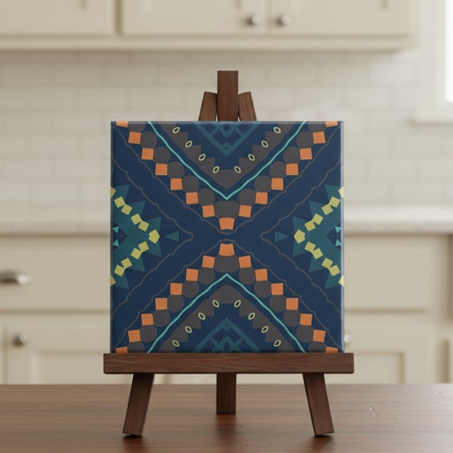 Deep Blue Ethnic Boho Chic Mosaic Mönster Kakelplatta (Skapare uppladdad)