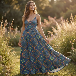 Deep Blue Ethnic Boho Chic Mosaic Mönster Tyg