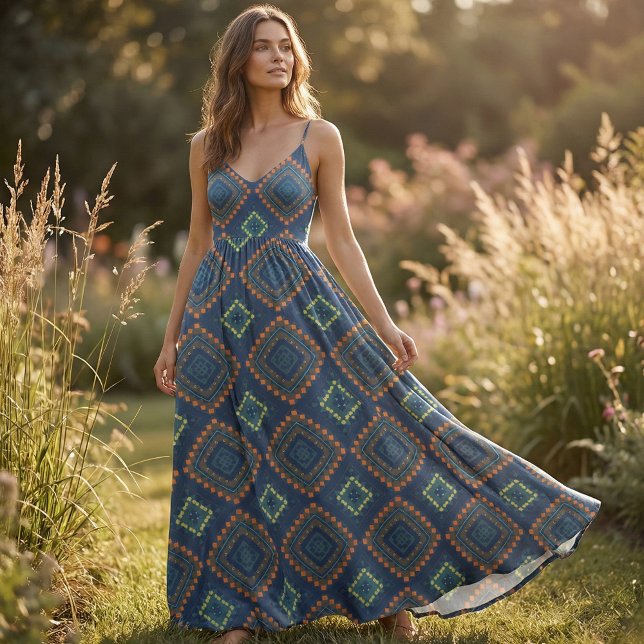 Deep Blue Ethnic Boho Chic Mosaic Mönster Tyg (Skapare uppladdad)