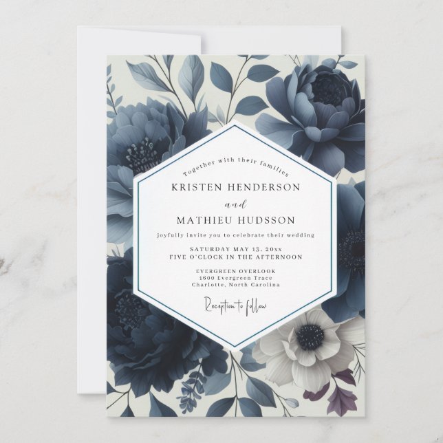 Deep Blue Floral Elegance Wedding Inbjudningar (Framsida)