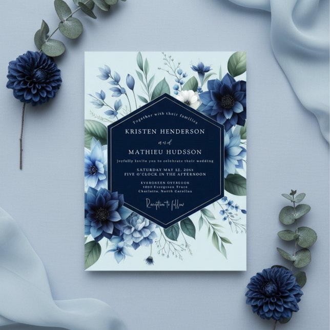 Deep Blue Floral Elegance Wedding Inbjudningar (Skapare uppladdad)