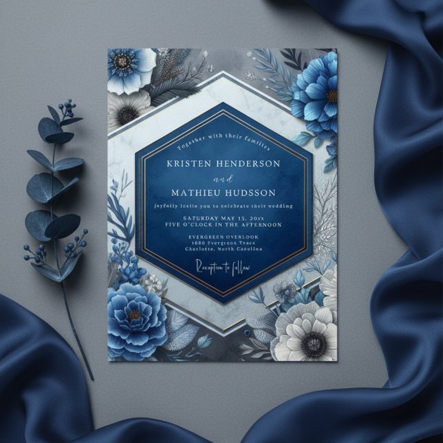 Deep Blue Floral Enchantment Wedding Inbjudningar (Skapare uppladdad)