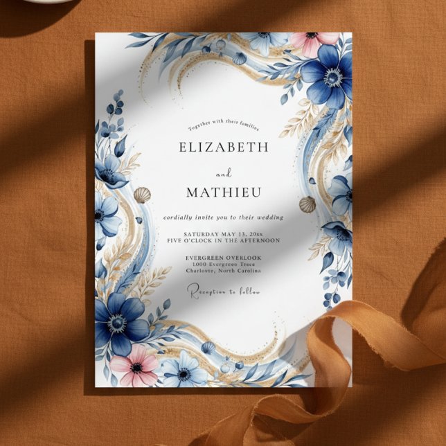 Deep Blue Floral Flourish Wedding Inbjudningar (Skapare uppladdad)
