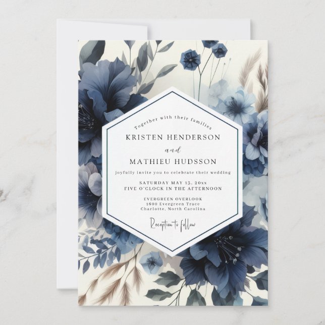 Deep Blue Floral Moody Wedding Inbjudningar (Framsida)