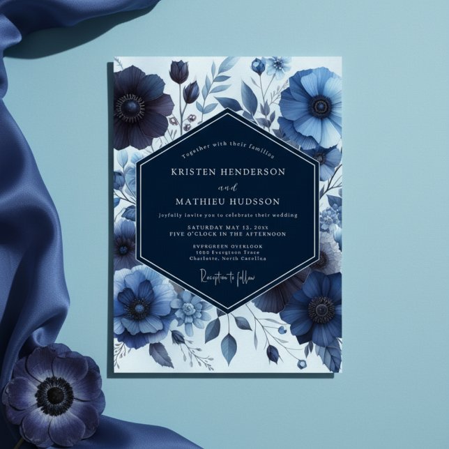 Deep Blue Floral Moody Wedding Inbjudningar (Skapare uppladdad)