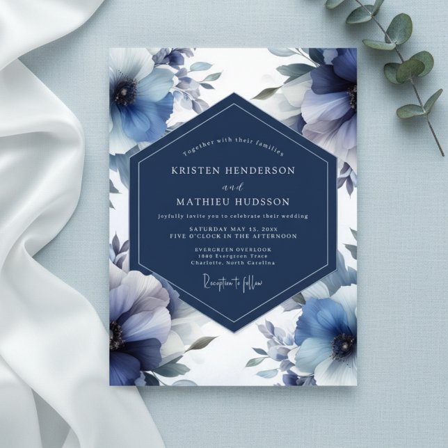 Deep Blue Floral Opulent Wedding Inbjudningar (Skapare uppladdad)