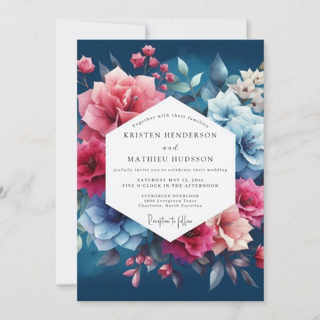 Deep Blue Floral Romance Wedding Inbjudningar (Framsida)