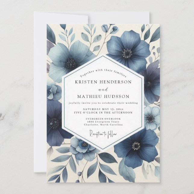 Deep Blue Floral Romantic Wedding Inbjudningar (Framsida)