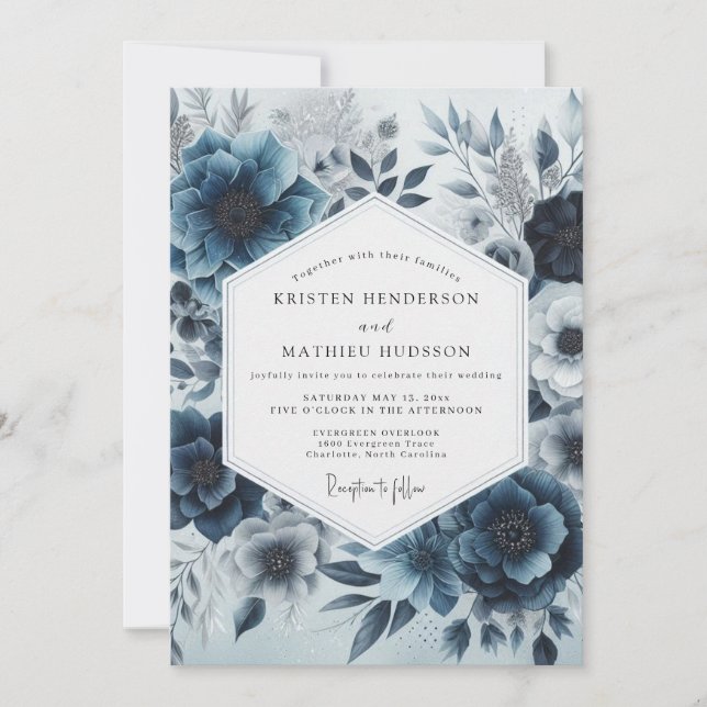 Deep Blue Floral Whimsy Wedding Inbjudningar (Framsida)