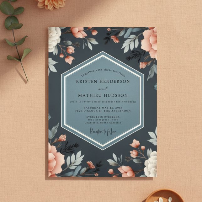 Deep Blue Floral Whimsy Wedding Inbjudningar (Skapare uppladdad)