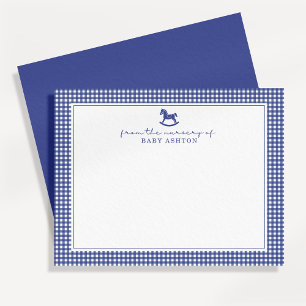 Deep Blue Gingham Boy Nursery Note Card Meddelande
