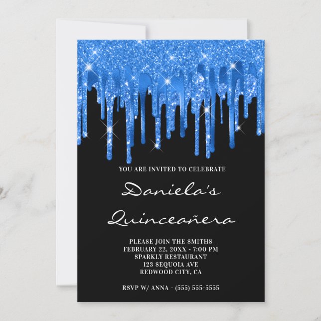 Deep Blue Glitter Foil Dricks Black Quinceañera Inbjudningar (Framsida)