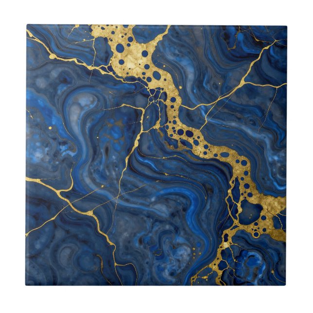 Deep Blue Golden Veins Abstract Kakelplatta (Framsidan)