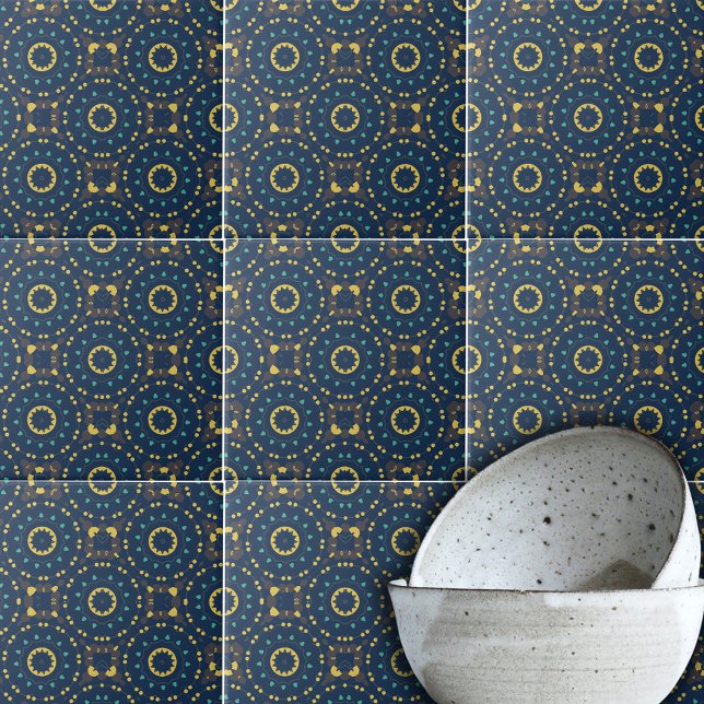 Deep Blue Gult Mosaic Ethnic Boho Chic Mönster Kakelplatta (Skapare uppladdad)