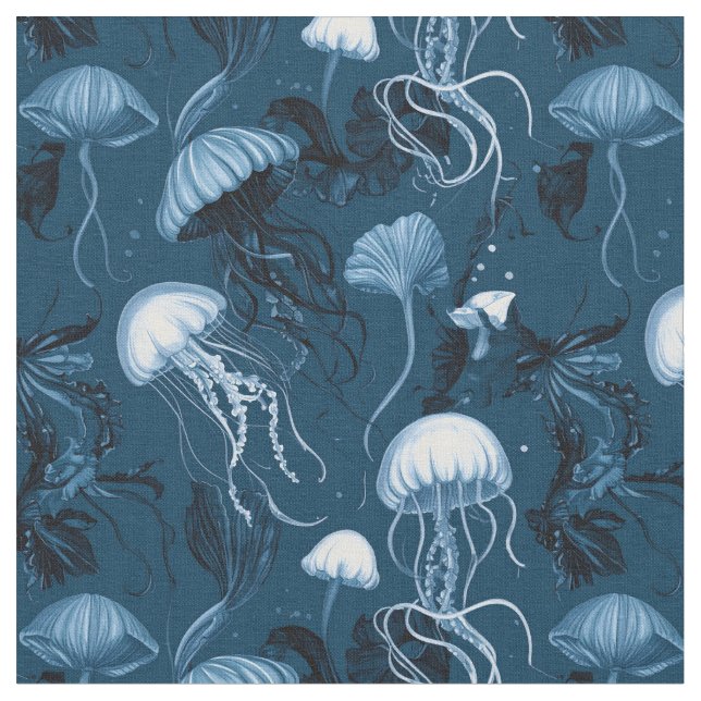 Deep Blue Jellyfish Fabric Tyg (Närbild)