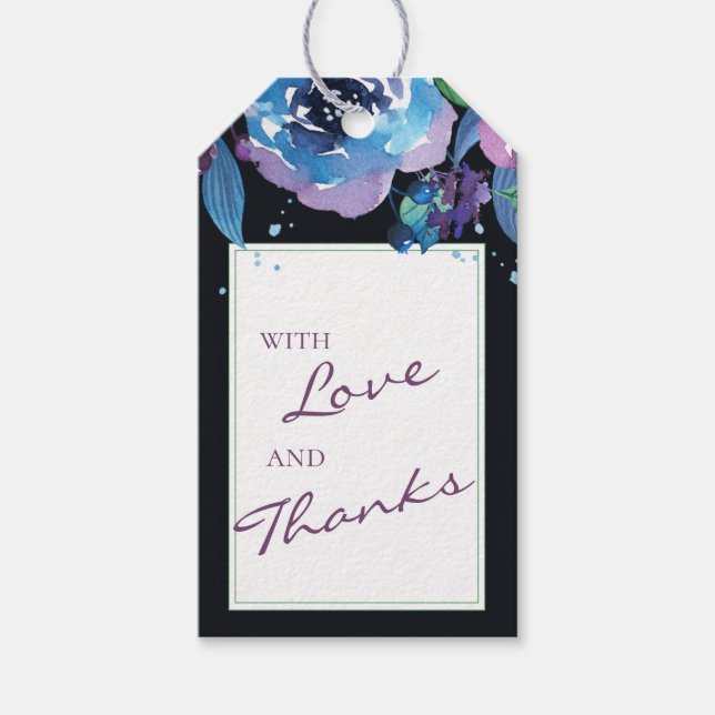 Deep Blue Lila Moody Twilight Blommigt Bröllop Presentetikett (Framsidan)