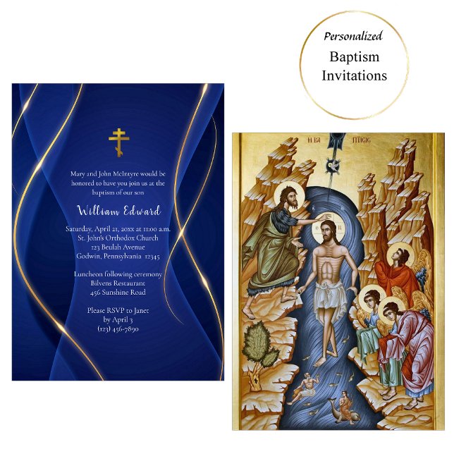Deep Blue Metallic Gold Orthodox Christian Baptism Inbjudningar (Skapare uppladdad)