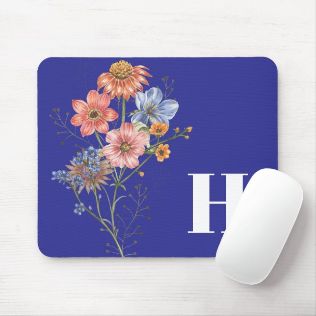 Deep Blue Monogram - enkel Blommigt Musmatta (Med mus)