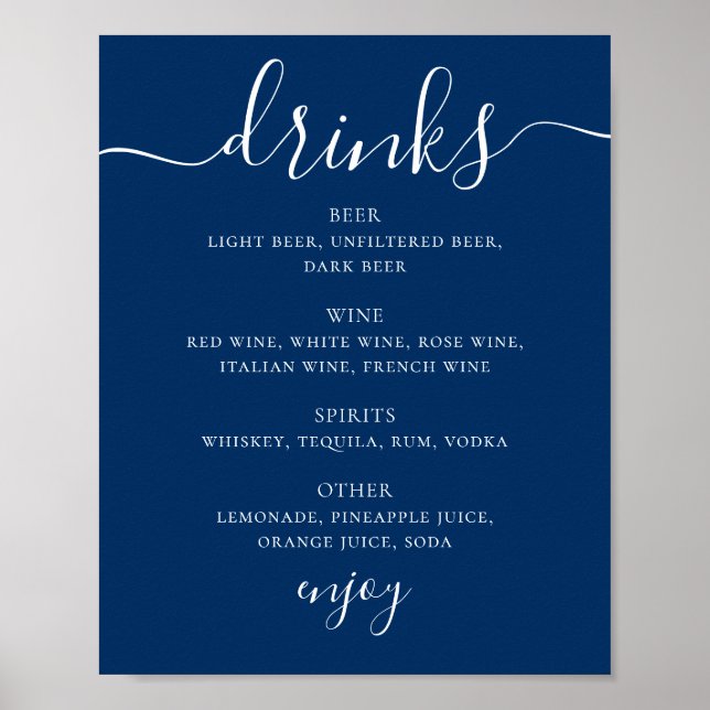 Deep Blue Navy Bröllopsdrycker | Marin Barmeny Poster (Framsidan)