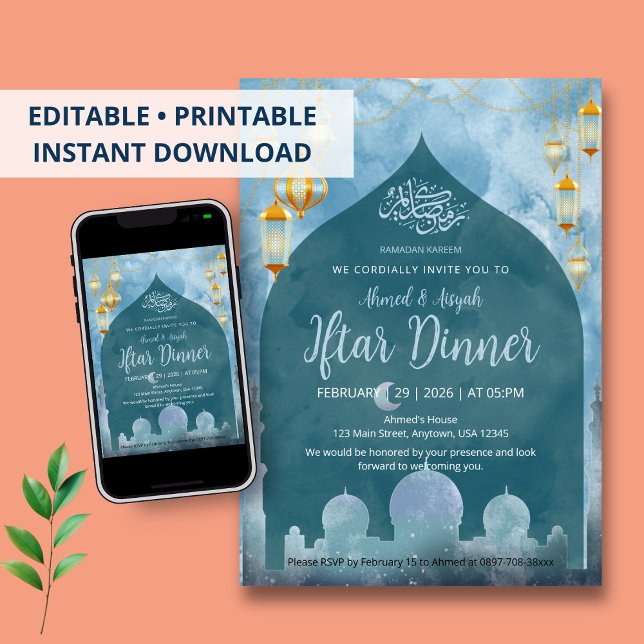 Deep Blue Night Mosque Silhouette Iftar Dinner Inbjudningar (Skapare uppladdad)