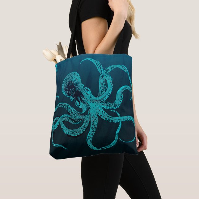 Deep Blue Ocean Octopus Tote Bag Tygkasse (Närbild)