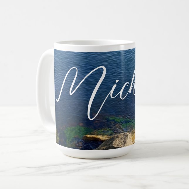 Deep Blue Ocean Photo Custom Name Flowy Brev Kaffemugg (Framsida vänster)