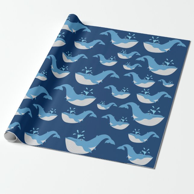 Deep Blue Ocean Whale Mönster Presentpapper (Utrullad)