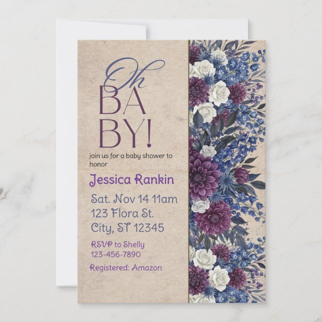 Deep Blue & Purple Floral Baby Shower Inbjudningar (Framsida)