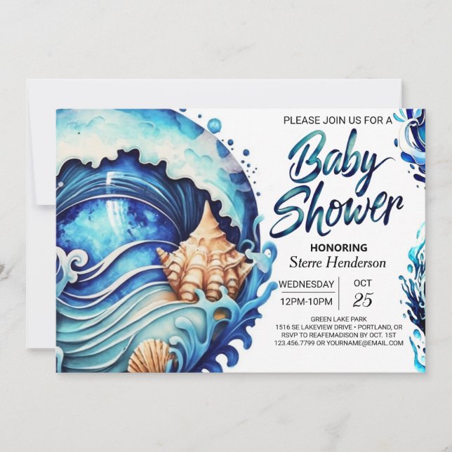 Deep Blue Seashells Coastal Baby Shower Inbjudningar (Framsida)
