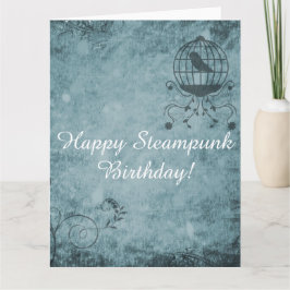 Deep Blue Steampunk Bird Cage Big Greeting Card Kort