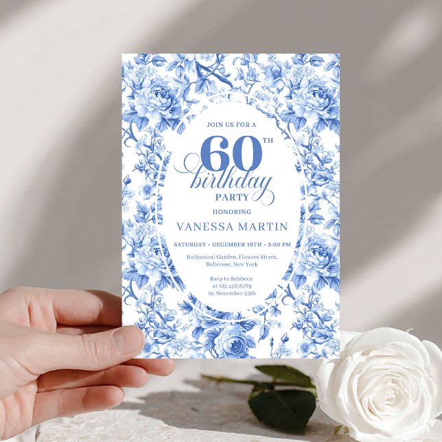 Deep Blue Toile Rosor 60-års födelsedagsinbjudan   Inbjudningar (Deep Blue Toile Roses 60th Birthday Invitation File

)