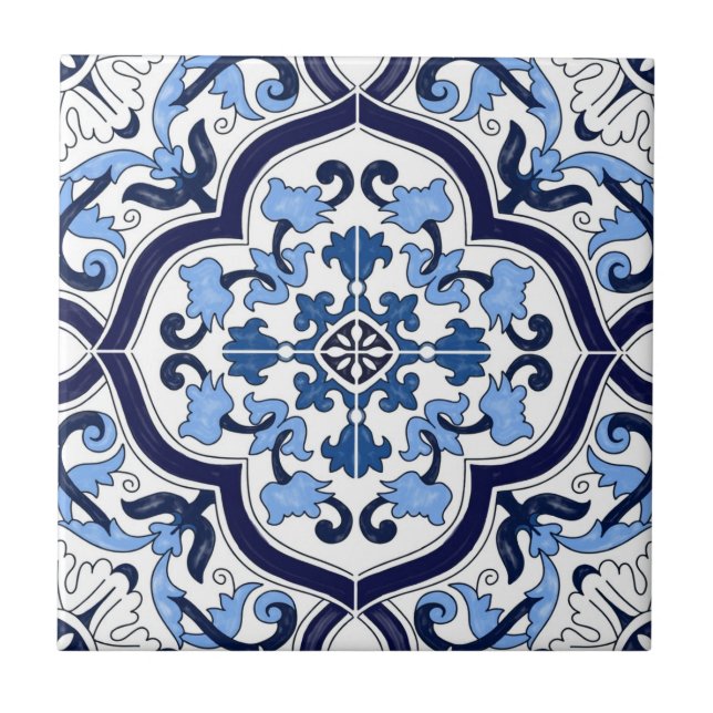 Deep Blue White Blommigt Sicilian Majolica Mosaic Kakelplatta (Framsidan)