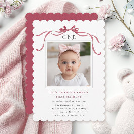 Deep Blush Pink Bow Girl 1st Birthday Party Inbjudningar