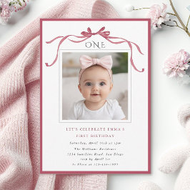 Deep Blush Pink Bow Girl 1st Birthday Party Photo Inbjudningar