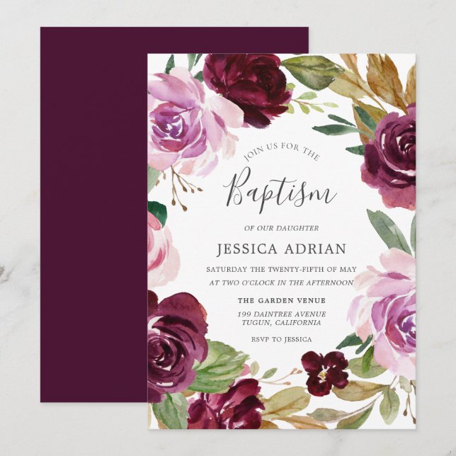 Deep Burgundy Berry & Lilac Watercolor Baptism Inbjudningar (Fram/baksida)