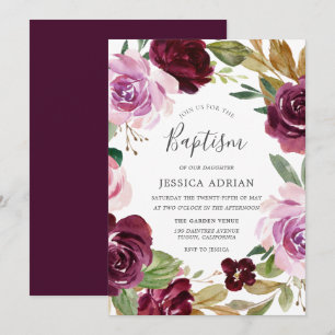 Deep Burgundy Berry & Lilac Watercolor Baptism Inbjudningar