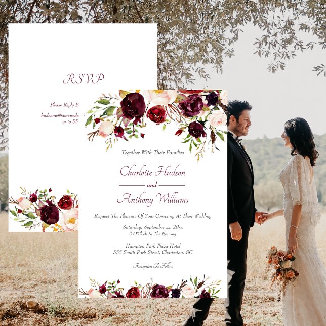 Deep Burgundy Blommigt Bröllop med OSA Inbjudningar (Deep Burgundy Floral Wedding Invitation)