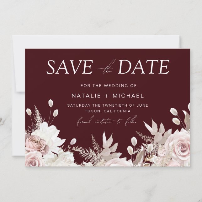 Deep Burgundy Blush Boho Floral Wedding Spara Datumet (Framsida)