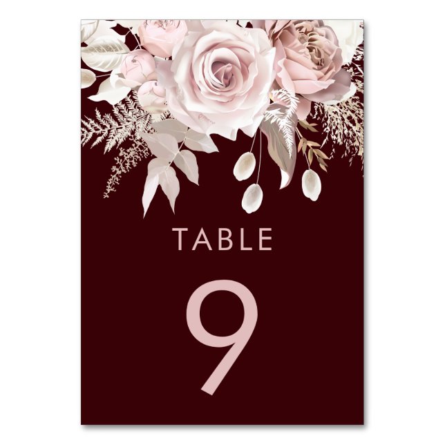 Deep Burgundy & Blush Floral Wedding Reception Bordsnummer (Framsidan)