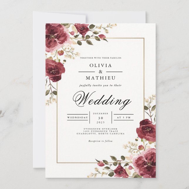 Deep Burgundy Botanical Arch Wedding Inbjudningar (Framsida)