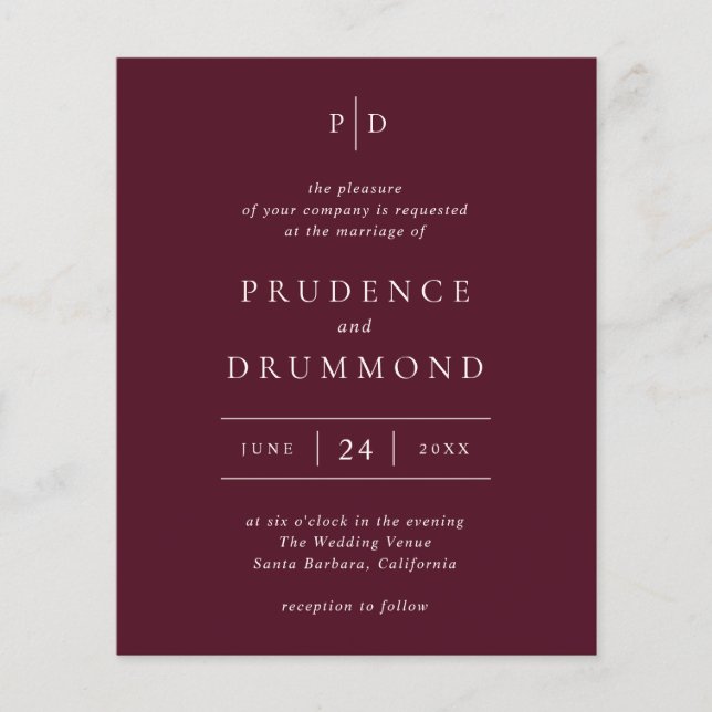 Deep Burgundy Classic Budget Wedding Invitation Flygblad (Framsidan)