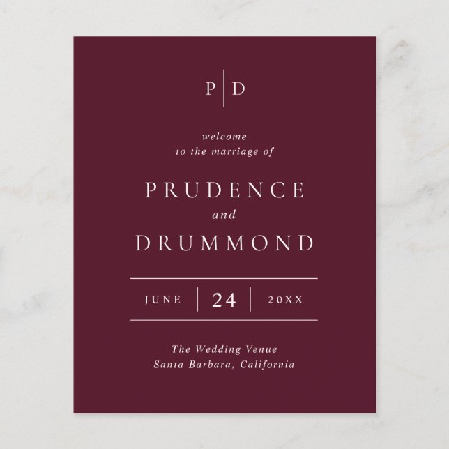 Deep Burgundy Classic Budget Wedding Program (Framsidan)