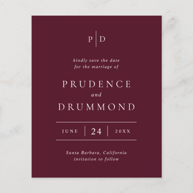 Deep Burgundy Classic Budget Wedding Save the Date Flygblad (Framsidan)