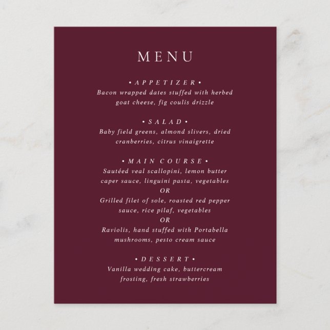 Deep Burgundy Elegant Classic Budget Wedding Menu Flygblad (Framsidan)