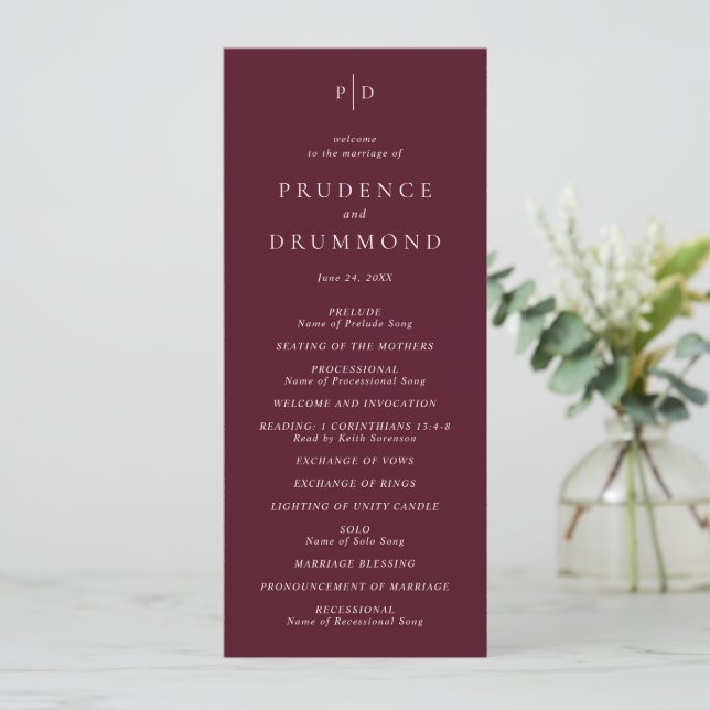 Deep Burgundy Elegant Classic Wedding Program (Stående Fram)