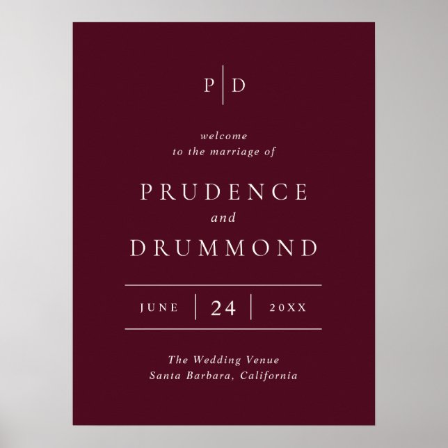 Deep Burgundy Elegant Classic Wedding Sign Poster (Framsidan)