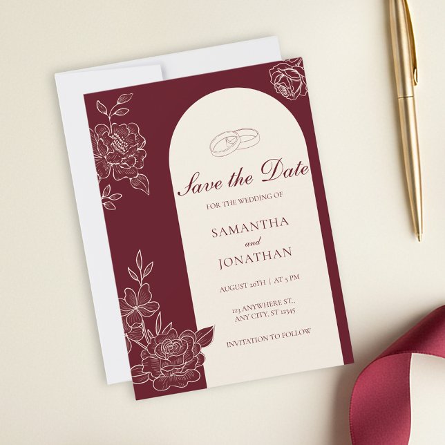 Deep Burgundy Floral Arch Wedding Save the Date Inbjudningar (Deep Burgundy Floral Line Art with Ivory Arch with Photo Back Save the Date Wedding Card)