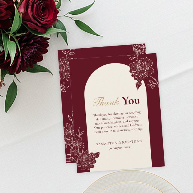 Deep Burgundy Floral Arch Wedding Thank You Card Tack Kort (Deep Burgundy Floral Line Art with Ivory Arch Wedding Thank you Card)