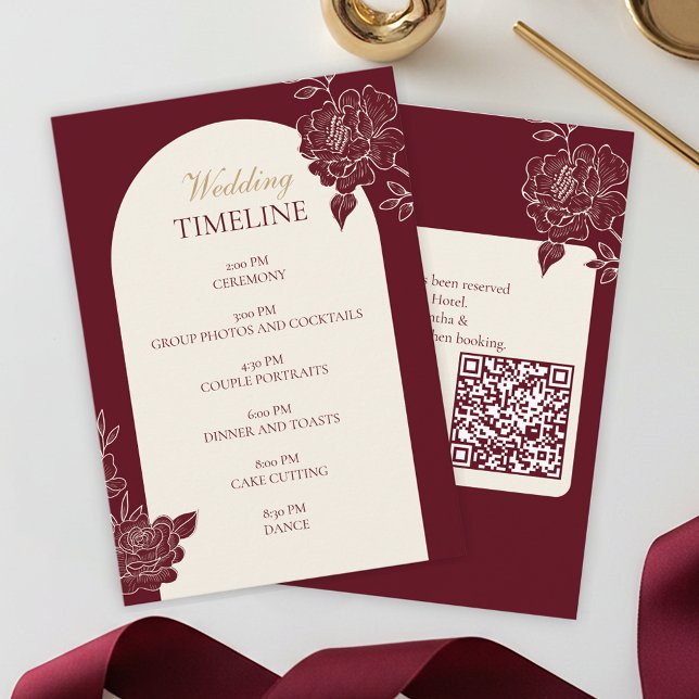 Deep Burgundy Floral Arch Wedding Timeline Card Tilläggskort (Deep Burgundy Floral Line Art with Ivory Arch  Wedding Timeline Card with Barcode)