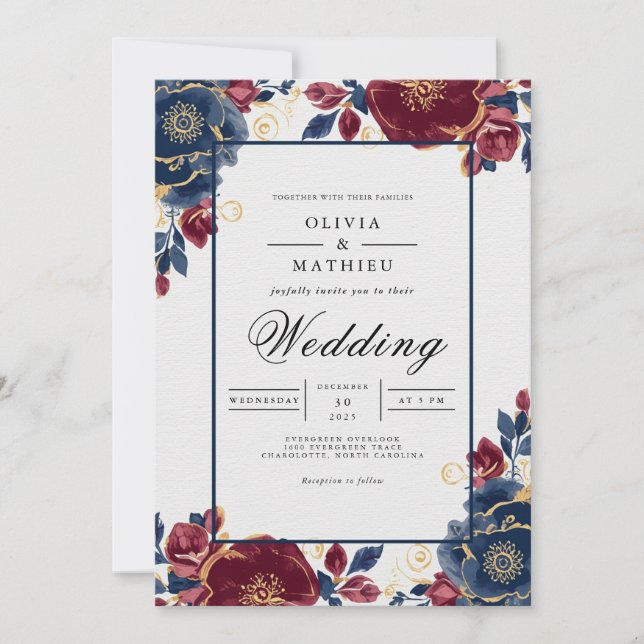 Deep Burgundy Floral Frame Wedding Inbjudningar (Framsida)